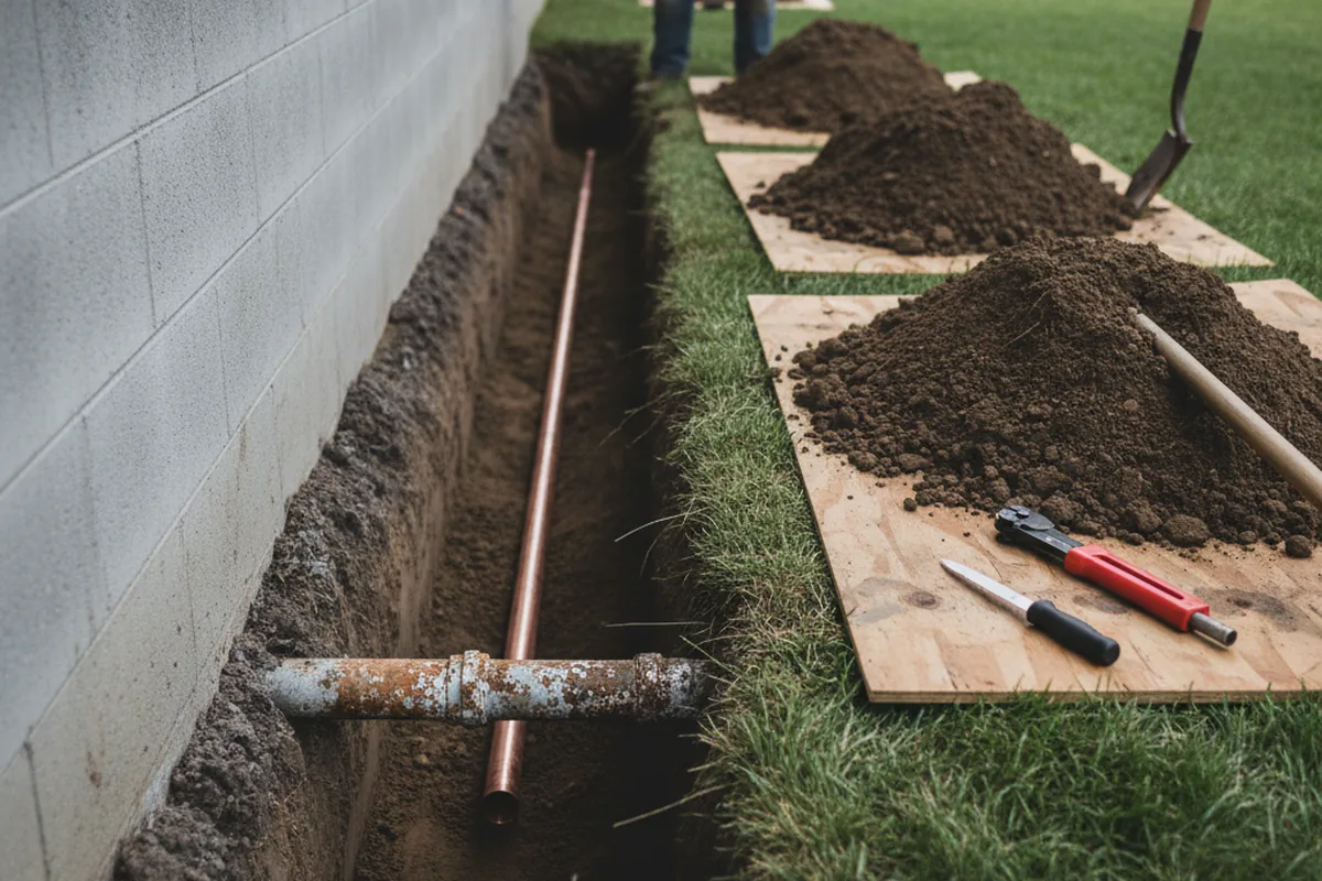 Excavated water line trench during Water Heater Repair in Rochester